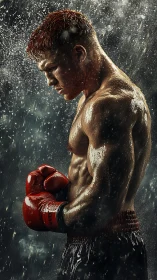 Boxer in rain with red gloves. Dramatic athletic portrait.