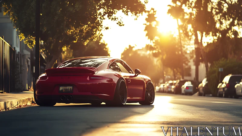 Red sports coupe waits on quiet sunlit suburban street