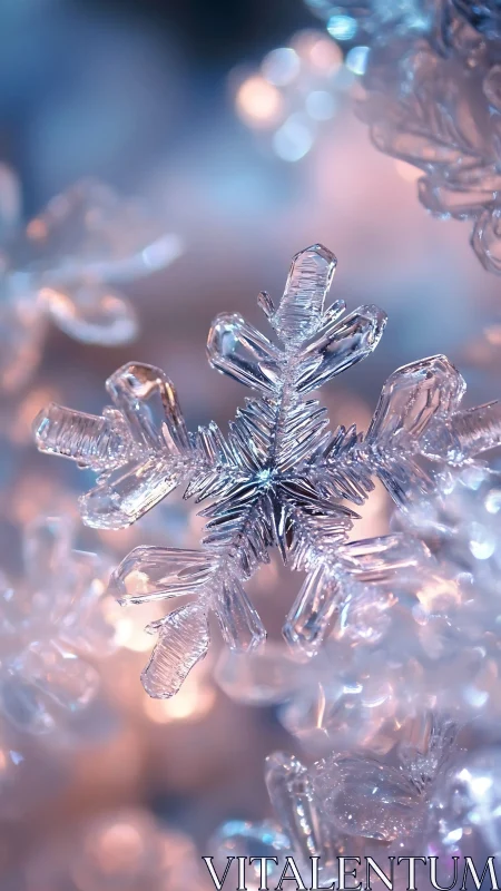Crystal snowflake glows softly in dreamy winter light