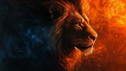 Fiery lion profile amid searing orange and deep shadowed void.