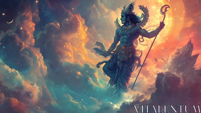 Celestial warrior strides through glowing clouds and cosmic light