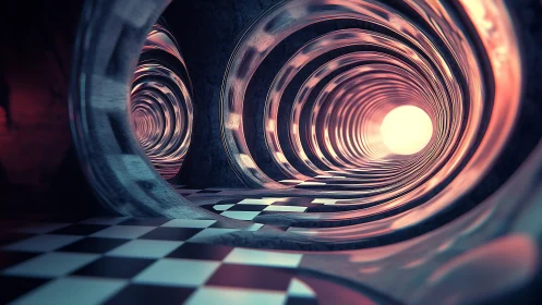 Spiraled glass tunnel swallows a chessboard into neon light