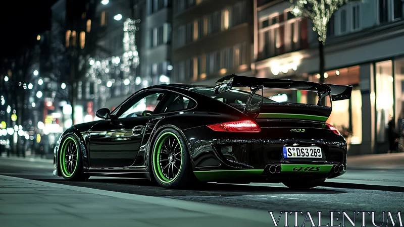 Black GT3 sports car is parked on an illuminated city street