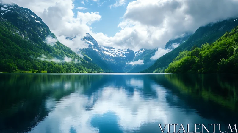 Mountain lake with mirror reflection and bright green forest.