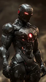 Stealth combat exosuit with red illuminated power core in bokeh