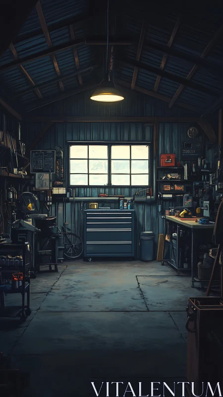 Organized workshop interior with tool chest and benches.