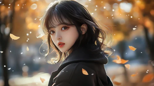 Digital portrait girl in autumn park with falling leaves.