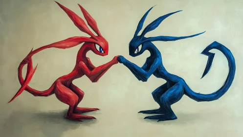 Elemental red and blue creatures lock hands in tension.