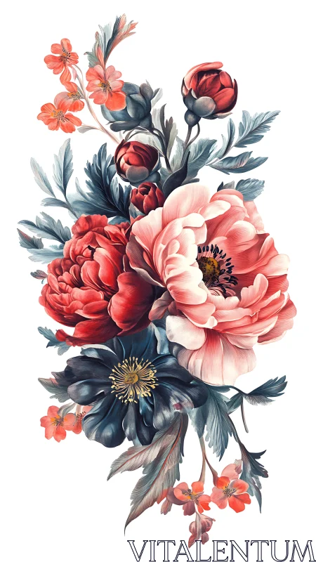 Botanical floral arrangement with peonies and ranunculus specimens.