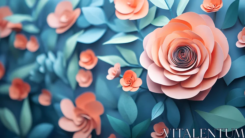 Coral paper roses spiral over cool blue layered foliage.