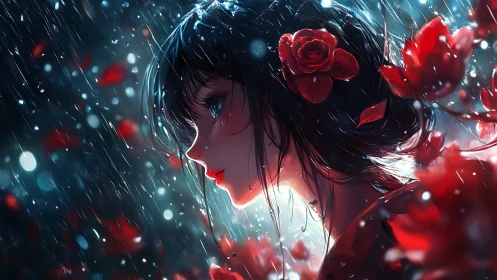Girl with red roses stands in luminous rain at night