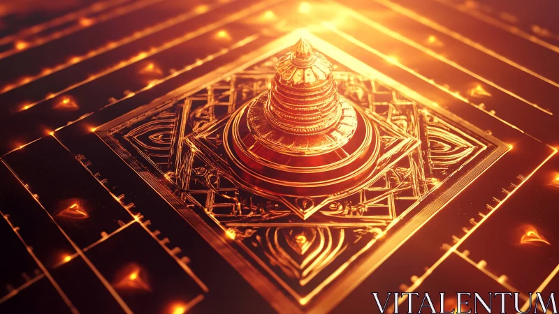 Luminous golden mandala temple over geometric circuitry grid.