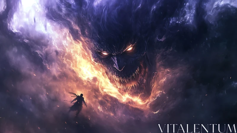 Dark cloud demon looms over lone warrior in blazing vortex