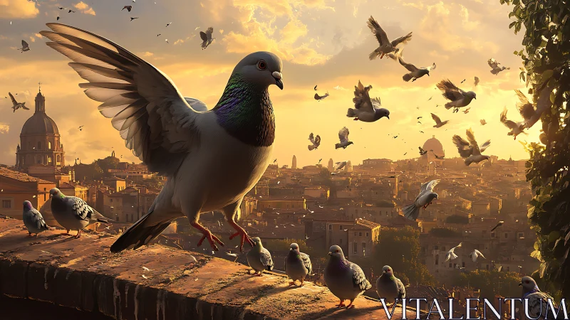 Sunlit city pigeons take flight above a glowing skyline.