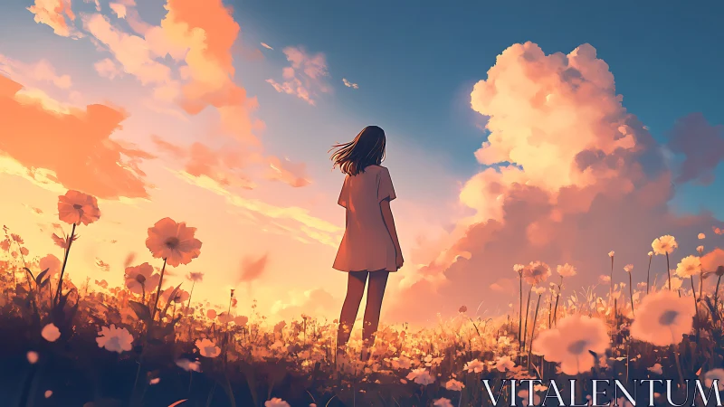 Girl stands in glowing flower field under vivid sunset sky.