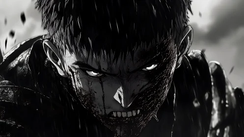 Bloodstreaked warrior glares under stormlit monochrome sky.