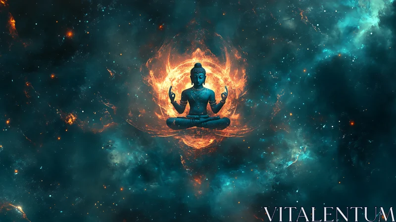 Calm meditating figure floats in glowing cosmic sunrise