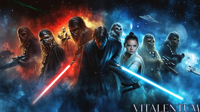 Starlit clash of glowing sabers and determined heroes.