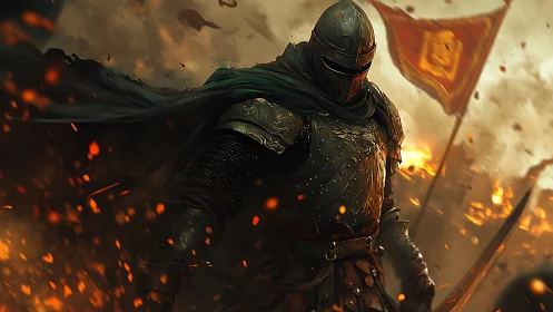 Armored knight advances through burning battlefield at dusk.