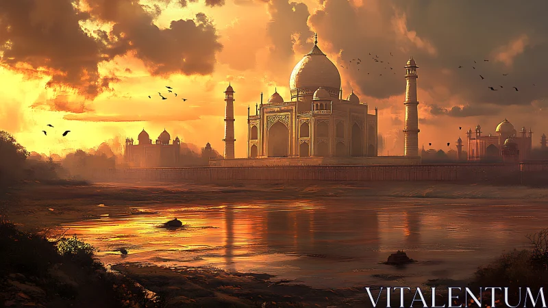 Golden sunset over marble mausoleum beside calm river.