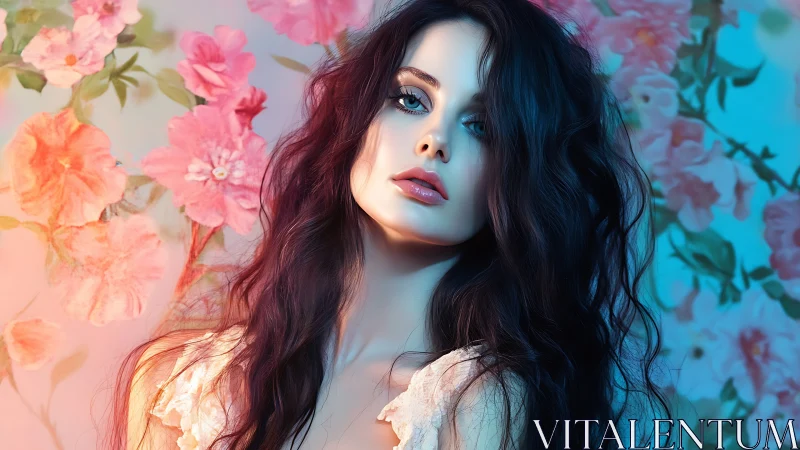 Digital painting portrait with floral bokeh and dual lighting.