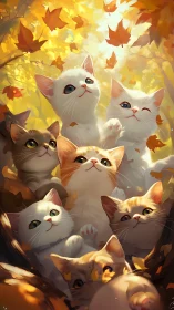 Six Expressive Cats in Autumn Leaves