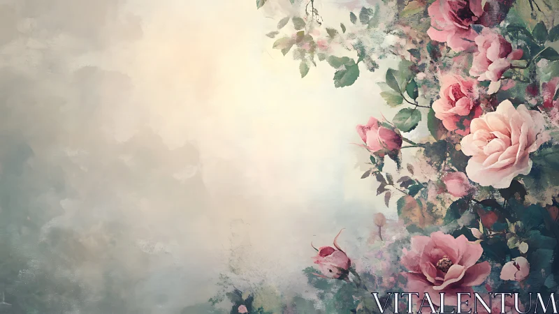 Floral composition with pink roses and soft atmospheric background