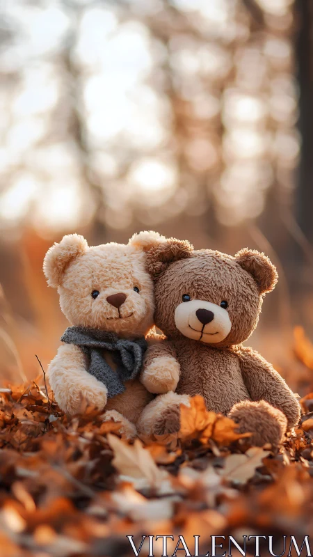 Cozy teddy bear friends share autumn warmth among leaves