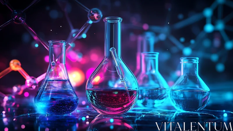 Neon lab glassware with glowing chemical solutions on bench.