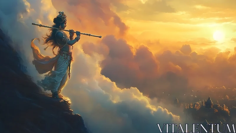 Flute-bearing celestial figure surveying cloud-laden citadel.