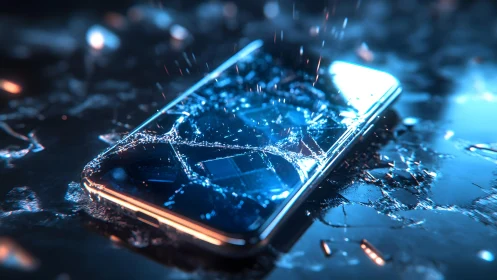 Shattered Smartphone on Wet Surface in Dramatic Lighting.