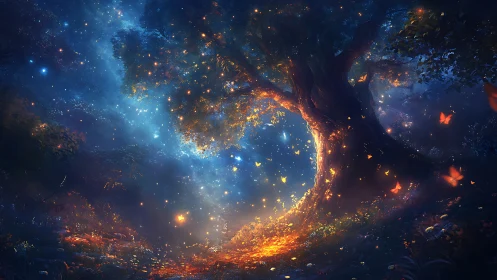 Bioluminescent forest gateway tree emits spectral particles at night