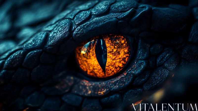 Firelit dragon eye glows against deep midnight scales.
