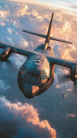 Sunlit military transport plane gliding above soft clouds.