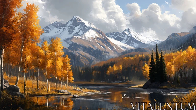 Golden autumn lake cradled by peaceful snowy mountains.