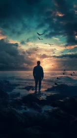 Quiet silhouette standing with birds under a glowing sky.