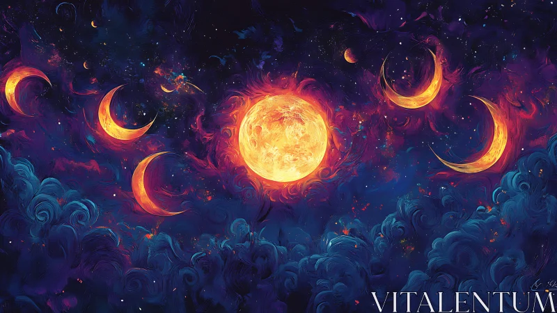 Celestial suns and moons swirling in a vibrant nebula sky.