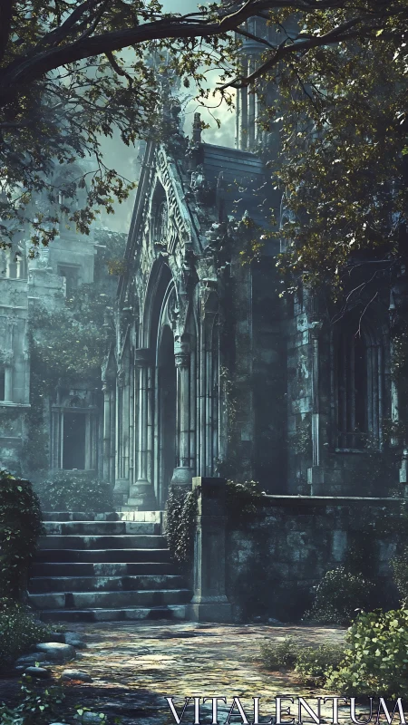 Gothic stone mausoleum rendered with atmospheric depth and decay