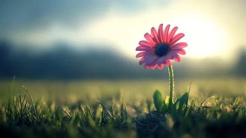 Single pink daisy glows softly in a dreamy sunrise meadow