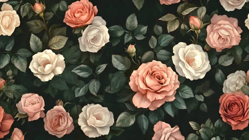 Botanical Rose Garden Pattern on Dark Ground.