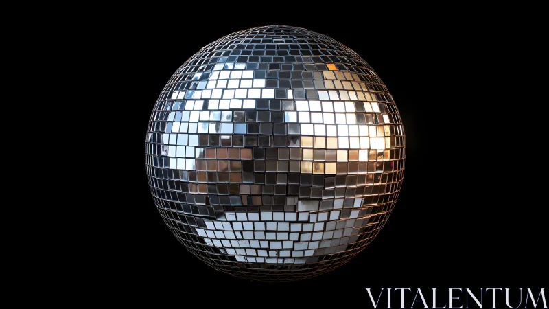 Mirror-tiled disco ball glows against deep black backdrop.
