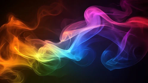 Colorful flowing smoke waves on dark abstract background.
