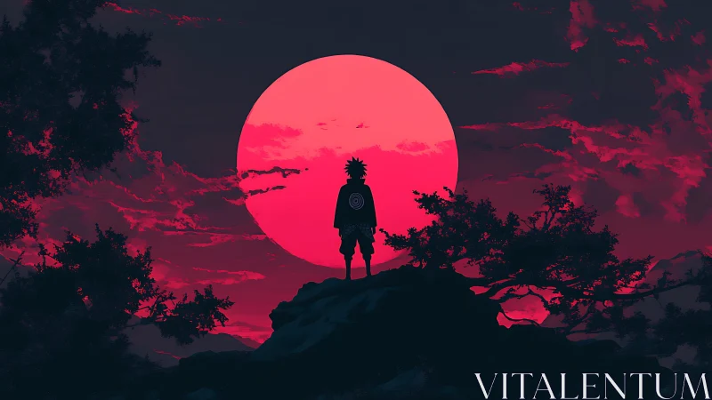 Lone anime warrior contemplates a vast neon crimson moon
