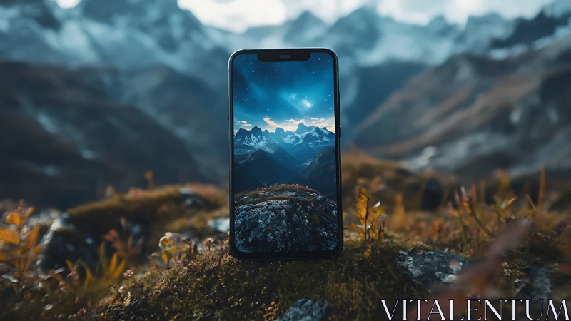 Smartphone framing alpine mountains in sharp contrast.