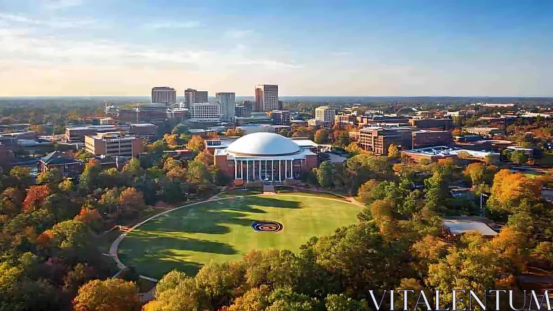 Sunlit college dome and autumn campus skyline panorama.