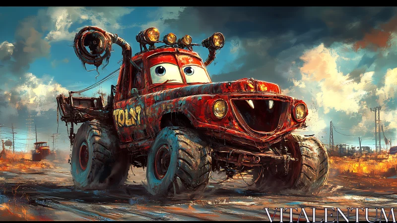 Cartoon monster tow truck roars across muddy wasteland