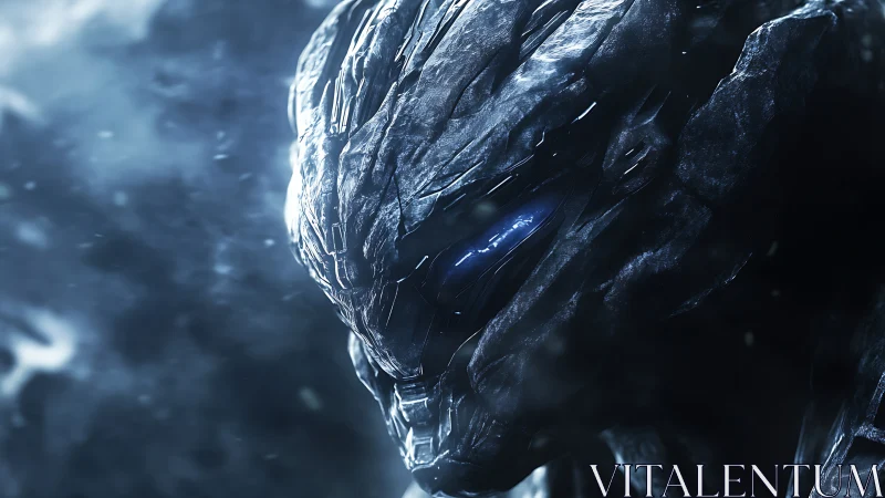 Alien cybernetic warrior emerges from a frozen storm