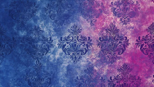 Ornate damask pattern glows over textured blue and pink haze