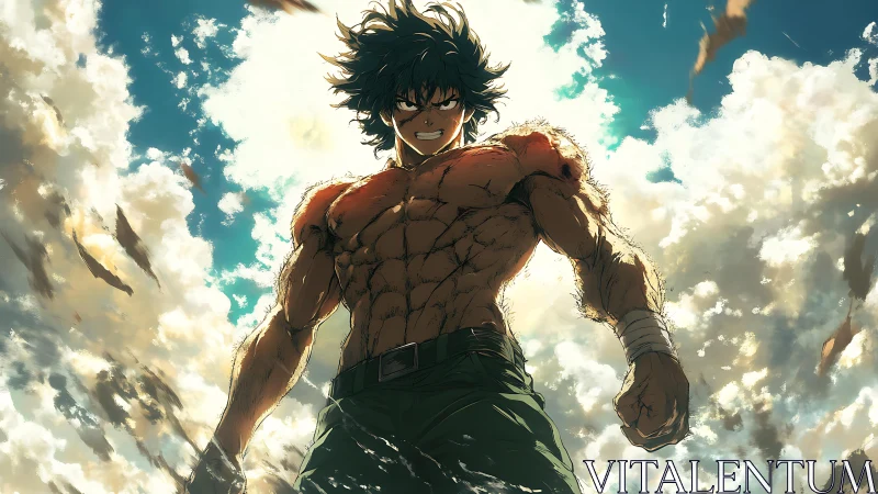 Muscular anime combatant under dynamic backlit cumulus sky.