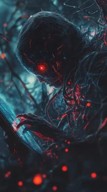 Haunting cybernetic figure studies a glowing digital portal